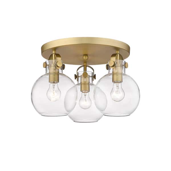 Newton Sphere 19.63 in. 3-Light Brushed Brass Industrial Flush Mount with Clear Glass Shade