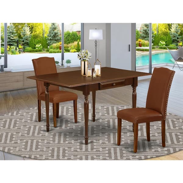 East West Furniture 3-Piece Mahogany Finish Solid Wood Top With Dropleaf Dining Table Set