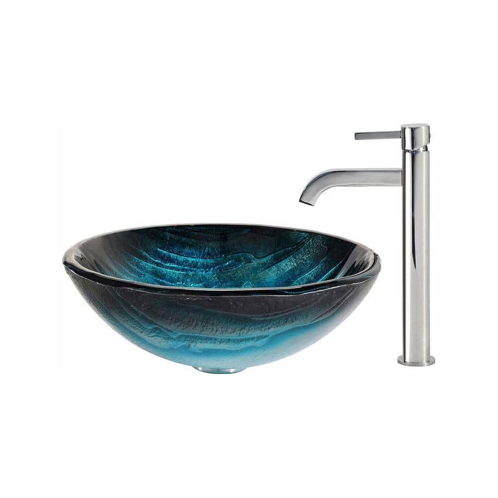 KRAUS Ladon Glass Vessel Sink in Blue with Ramus Faucet in Chrome CGV