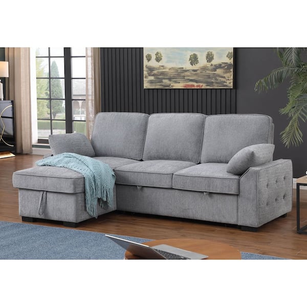 Ivy 91 in. Chenille L-Shaped Sectional Sofa in Light Gray with Storage Chaise, Drop-Down Table, Cup Holders, USB Ports
