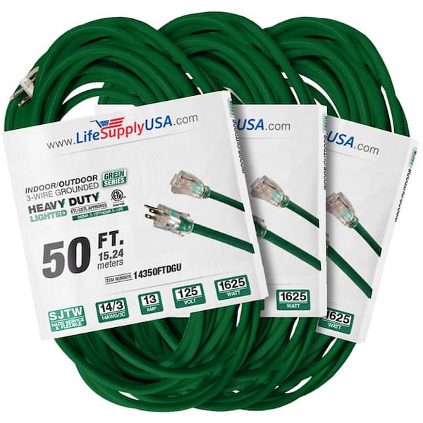 LifeSupplyUSA 50 ft. 14-Gauge/3-Conductors SJTW 15 Amp Indoor/Outdoor Extension Cord with Lighted End Green (3-Pack)