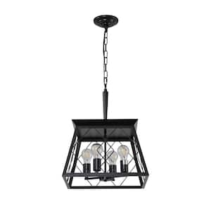 Tryns 16 in. 4-Light Black Farmhouse Chandelier Light Fixture with Caged Metal Shade