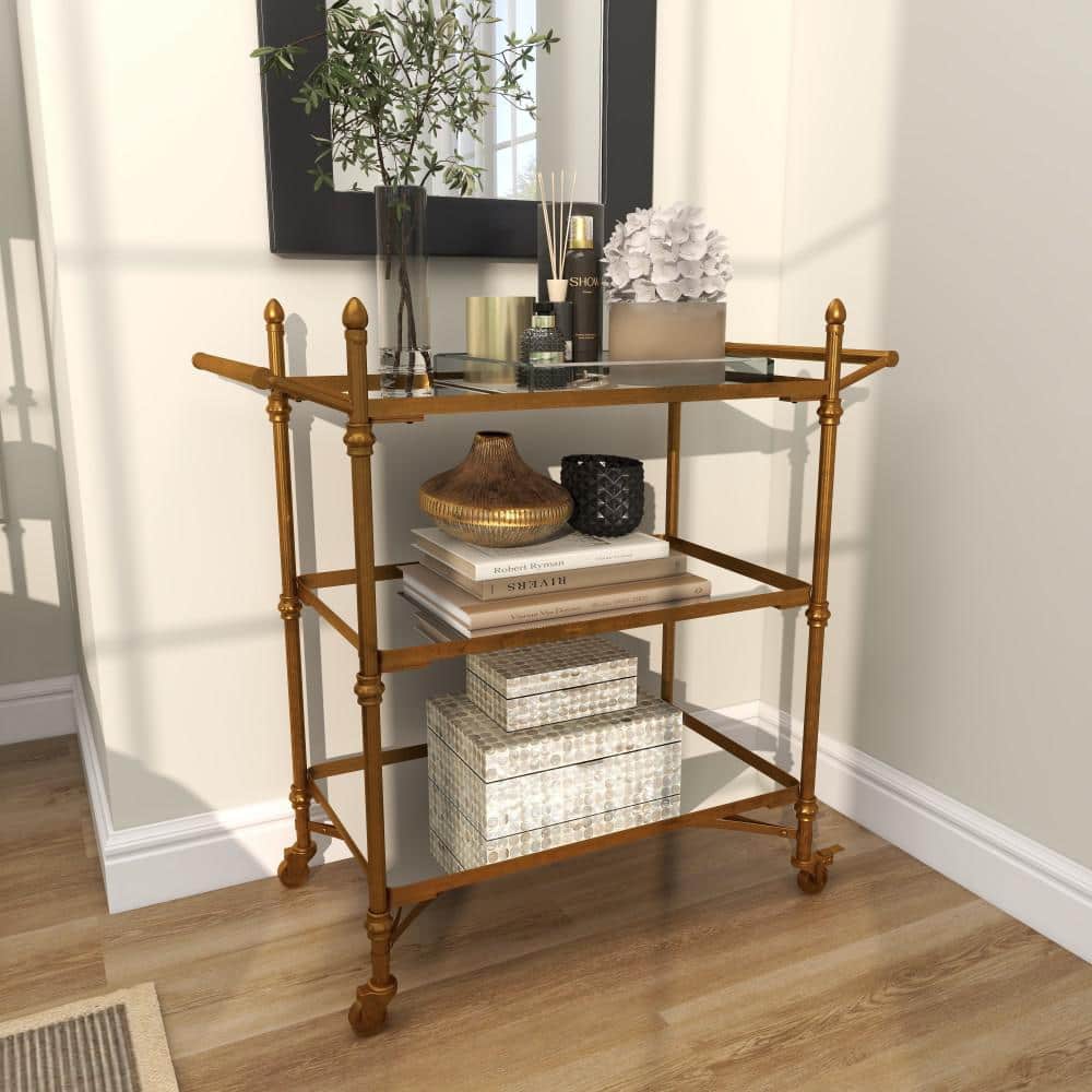 Elegant Brass 35" Rolling Bar Cart with 3 Mirrored Shelves and Handles