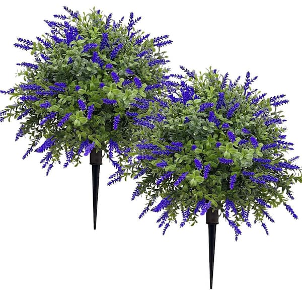 2 FT Artificial Lavender Topiary Ball Trees with Ground Spike, Realistic UV Resistant Faux Lavender Plants, 2 Pack