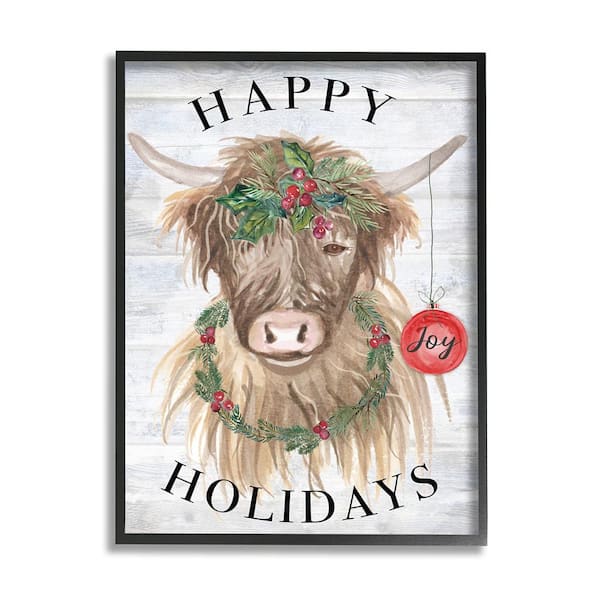 Stupell Industries Farmhouse Holiday Cow by Corinne Haig 1 Piece Framed Graphic Print Animal Poster Art Print 14 in. x 11 in.