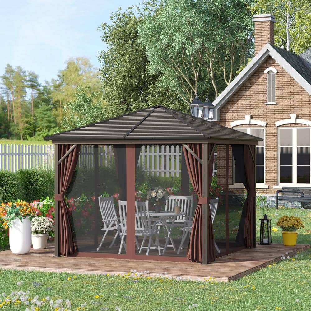 Outsunny 10x10 Dark Brown Aluminum and Steel Hardtop Gazebo with Curtains