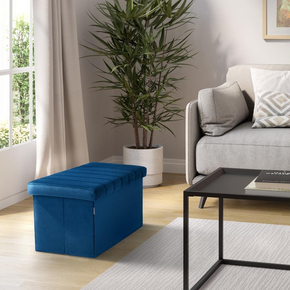 Blue Velvet Tufted Storage Trunk Ottoman, 30 Inch