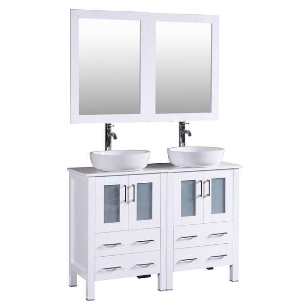 Bosconi 48 in. W Double Bath Vanity in White with Carrara Marble Vanity Top with White Basin and Mirror