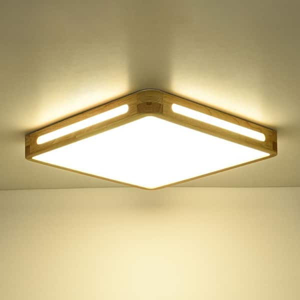 HUOKU Lumin 19.7 in. W Square Natural Oak Wood and Acrylic Flush