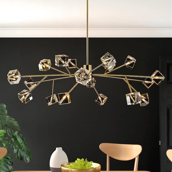 RRTYO Gaen 18-Light Brushed Brass Modern Glam Magic Bean Cluster Pendant Linear Sputnik Crystal Chandelier for Dining Room