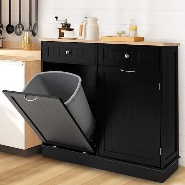 Bunpeony 39.5 in. W x 14 in. D x 35.5 in. H in Black Wood Assemble Kitchen Cabinet Single Trash Can Holder and Adjustable Shelf