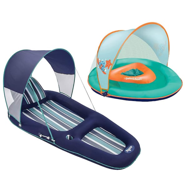 Aqua LEISURE Inflatable Lounger with Canopy and SwimSchool Baby Boat Float with Canopy