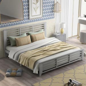 79.9 in.W Gray King Platform Bed with Horizontal Strip Hollow Shape, Wood Bed Frame with Headboard, No Box Spring Needed