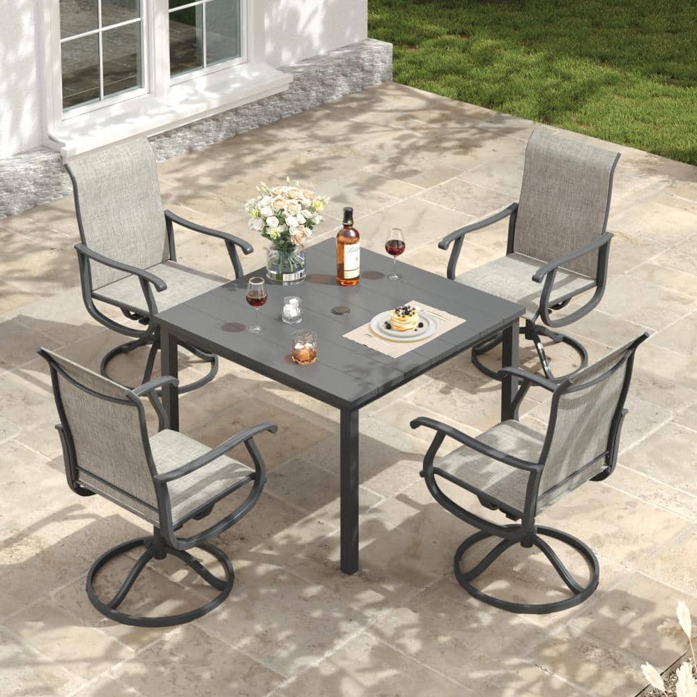 5-Piece Metal Outdoor Patio Dining Set with Square Table and High Back Padded Textilene Swivel Chairs in Gray price history on PriceWatchPro