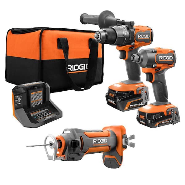 RIDGID 18V Brushless Cordless 2-Tool Combo Kit w/ Hammer Drill, Impact Driver, Batteries, Charger, Bag & Cut Out Tool