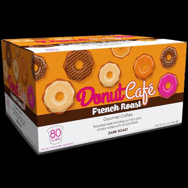 Donut Cafe Coffee Pods for Keurig K-Cup Brewers, Dark Roast, French Roast Blend, 80 Count