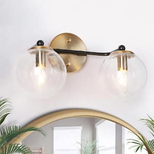 14.5 in. 2-Light Polished Brass Modern Bathroom Vanity Light, DIY Globe Seeded Glass Bath Lighting, Black Wall Sconce