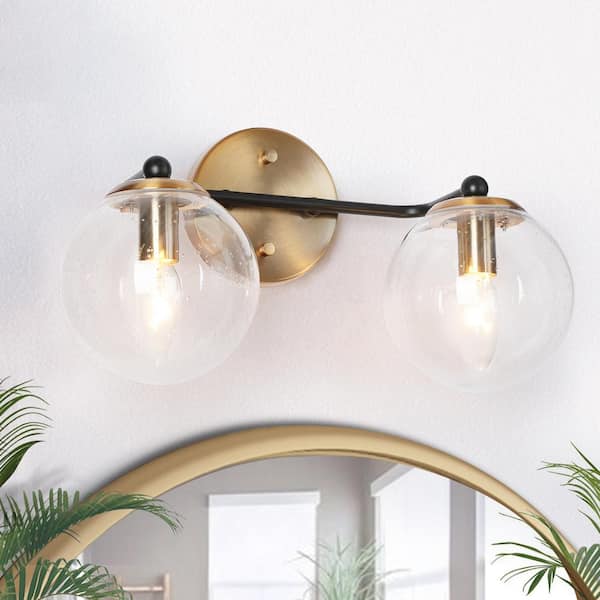 Zevni 14.5 in. 2-Light Polished Brass Modern Bathroom Vanity Light, DIY Globe Seeded Glass Bath Lighting, Black Wall Sconce