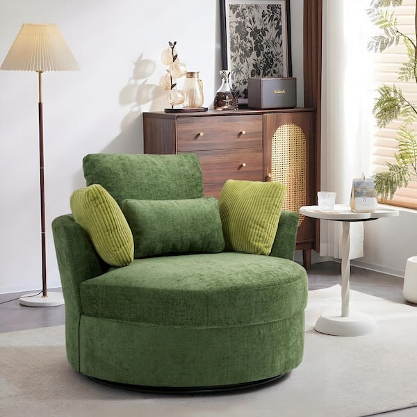 Uixe Green Cotton Upholstered 360° Swivel Accent Barrel Chair with Corduroy Pillows (Set of 1)