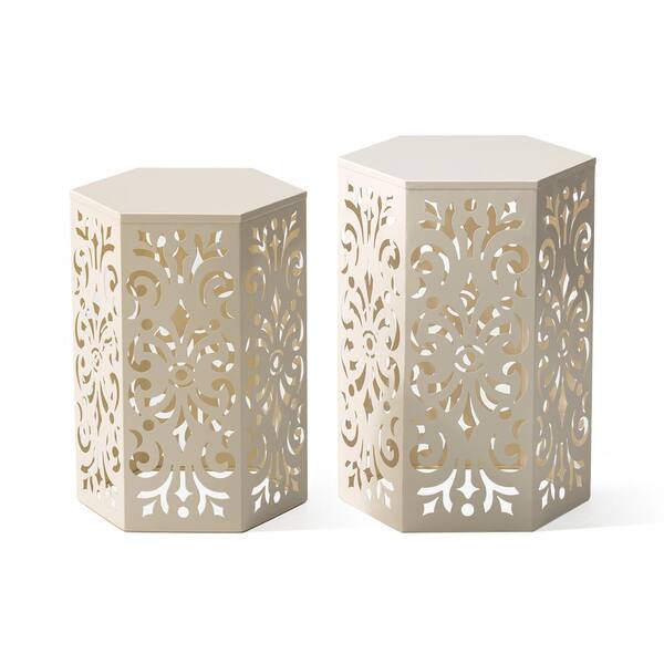 Glitzhome 19.25 in. White Iron Floral Pattern Hexagonal Garden Stool ...