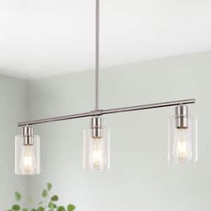3-Light Nickel Industrial Linear Chandelier with Glass Shades for Kitchen Island with No Bulbs Included