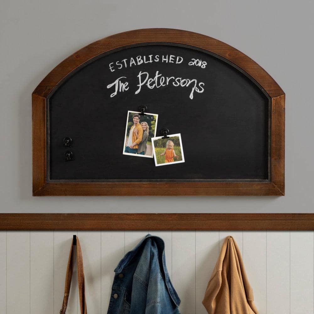 Walnut Brown Arched Magnetic Chalkboard with Clips, 36x24
