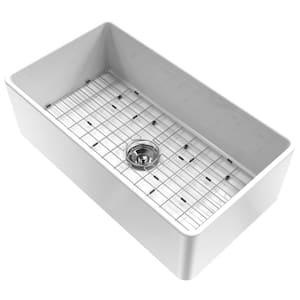 33 in. Single Bowl Gray Fireclay Kitchen Sink Farmhouse Apron Front Kitchen Sink with Bottom Grid and Strainer