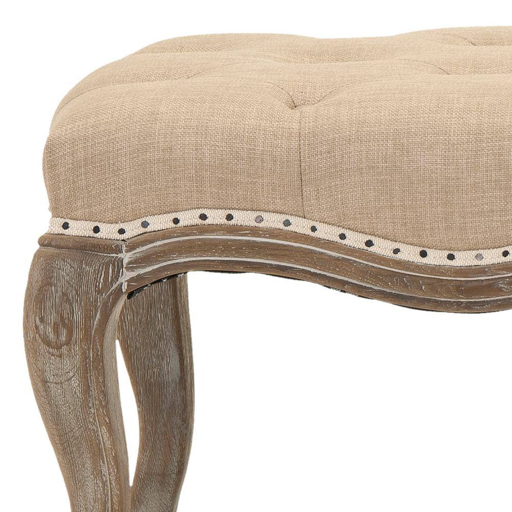 Transitional Beige Linen and Oak Tufted Bench