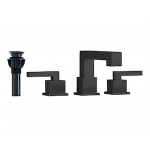 Deck Mount Square Double Handles 8 in. Widespread Double Handle Bathroom Faucet with Drain Kit in Matte Black