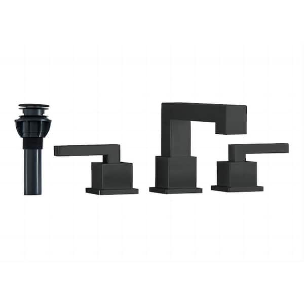 Fapully Deck Mount Square Double Handles 8 in. Widespread Double Handle Bathroom Faucet with Drain Kit in Matte Black