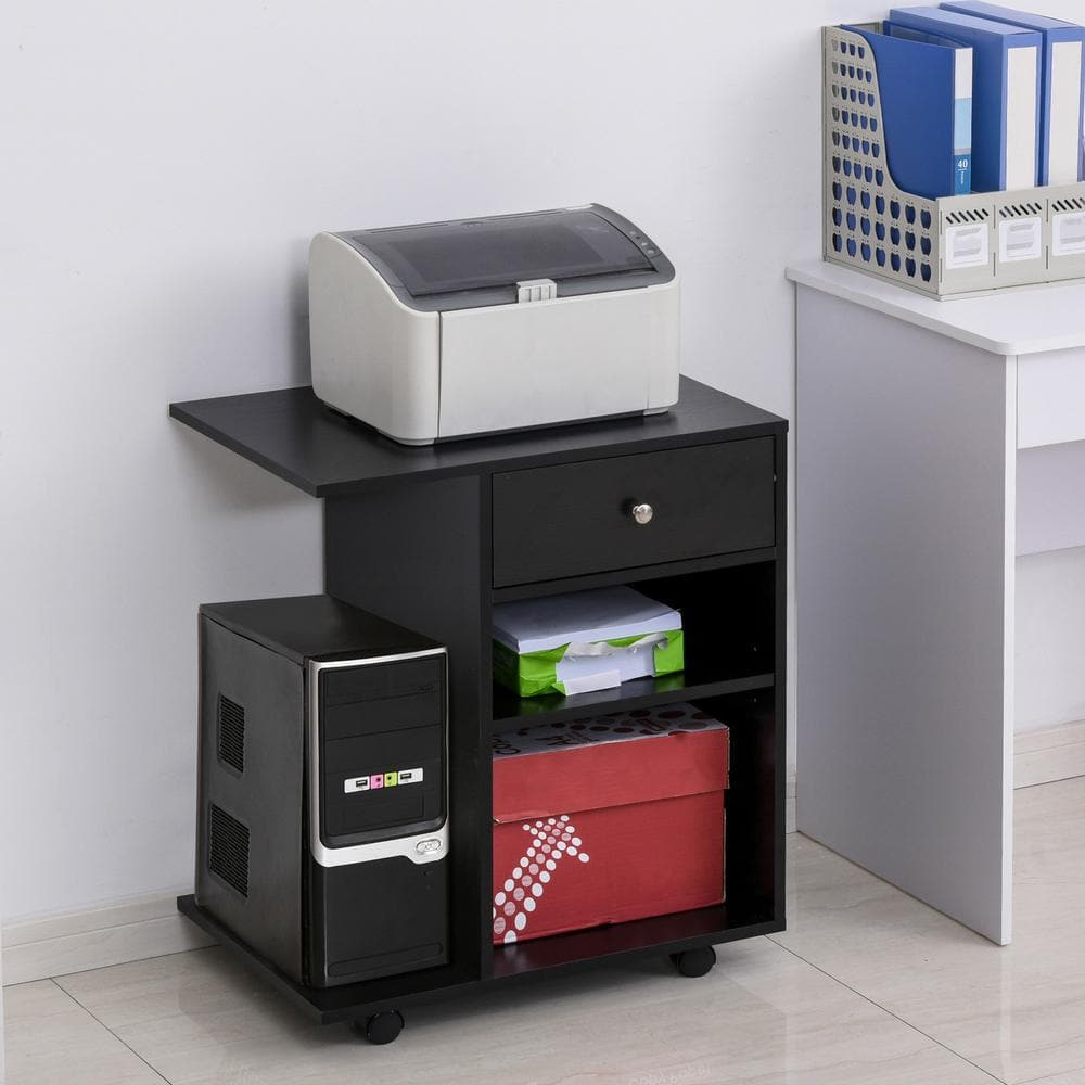 Black Mobile Printer Stand with Drawer and Adjustable Shelf
