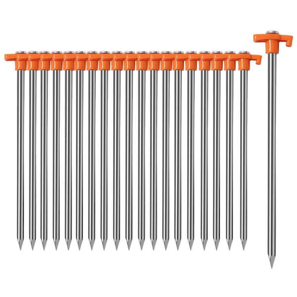 20-Piece 9.75 in. Heavy-Duty Orange Non-Rust Metal Tent Stakes for Camping Patio, Garden, Canopies, Grassland