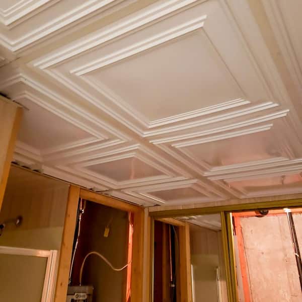 FROM PLAIN TO BEAUTIFUL IN HOURS Cambridge White Matte 2 Ft. X 2 Ft Pvc Glue Up Or Lay In Faux Tin Ceiling Tile 40 Sq Ft Case Dct06wm 24x24 10 - View #5