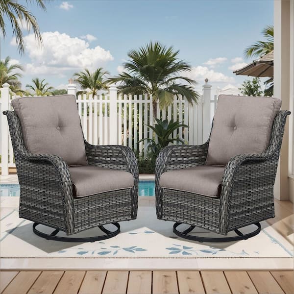 WellCane Gray 2-Piece Wicker Outdoor Swivel Glider Patio Rocking Chair with 3. 9in Thick Olefin Gray Cushions For Porch
