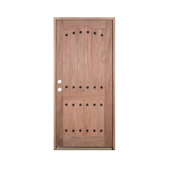 Exclusive Wood Doors 36 in. x 80 in. V-Groove 2-Panel Rustic Unfinished Mahogany Right-Hand Solid Wood Prehung Front Door
