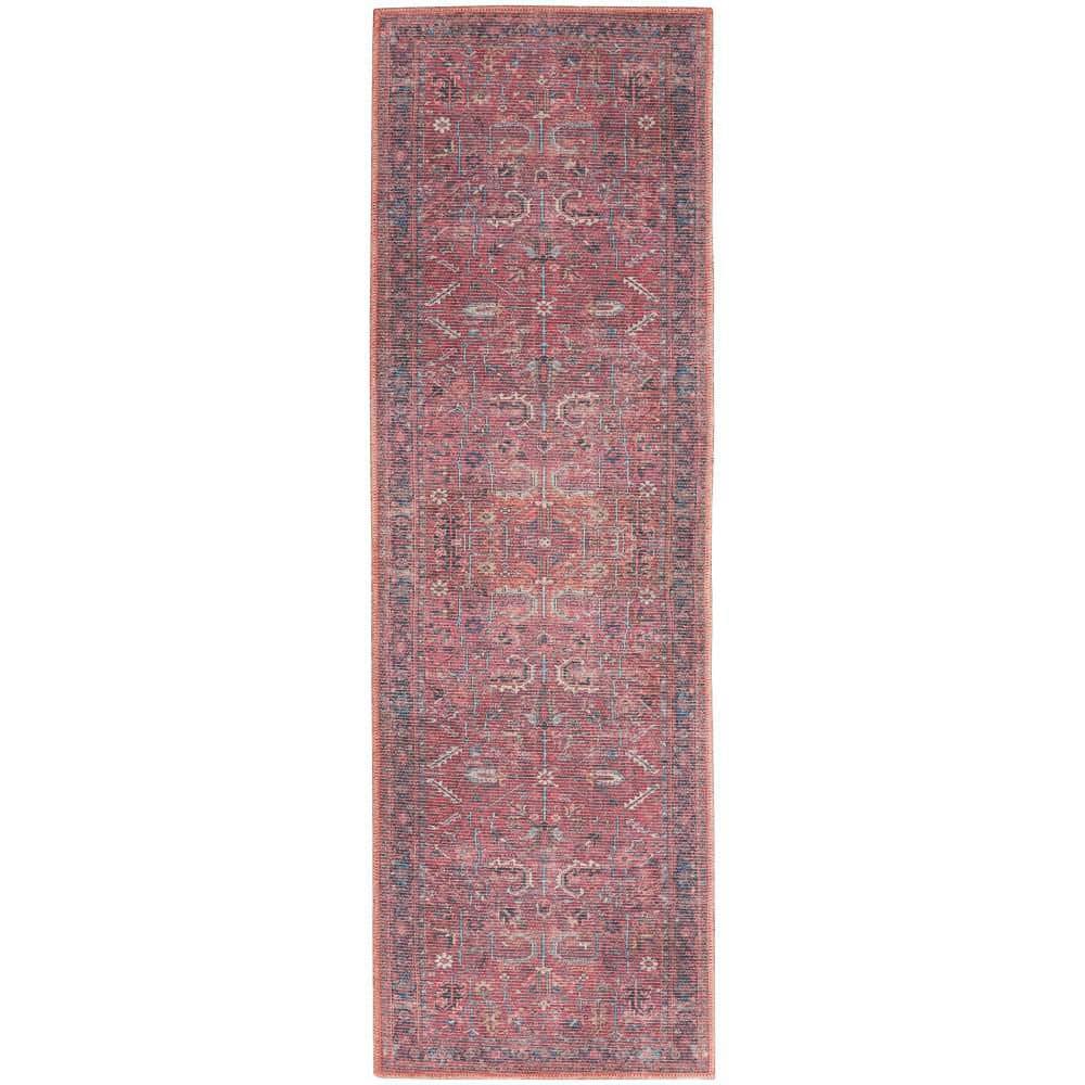 Brick Red Cotton Chenille Runner Rug with Distressed Persian Pattern