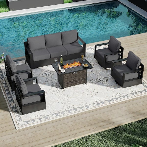 6-Piece Fire Pit Patio Set Wicker Outdoor Patio Conversation Set with Swivel Rocking Chairs and Gray Cushions