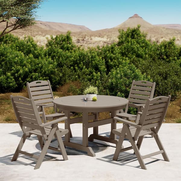 Laguna All Weather HDPE Plastic Outdoor 5-Piece Round Table Folding Highback Chairs Patio Dining Set, Weathered Wood