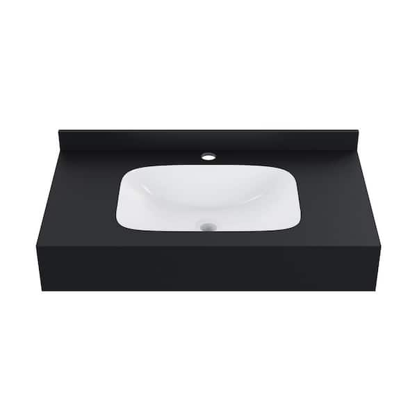 Swiss Madison Avancer 36 in. Black Marquina Ceramic Rectangle Vessel Sink