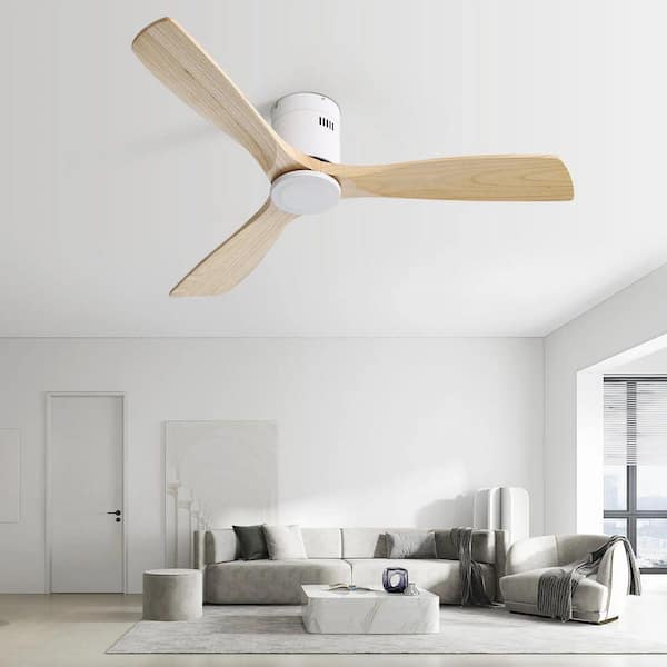 52 in. White Wood Blade Noiseless Reversible DC Motor Flush Mount Standard Ceiling Fan with Remote Control No Light