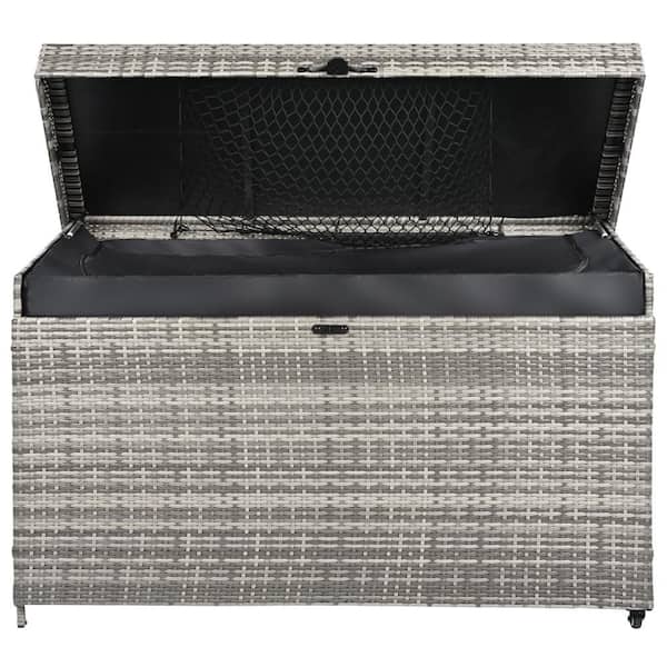 200 Gal. Rattan Wicker Deck Box, with Wheels and Steel Frame, Gray Outdoor Storage Deck Box