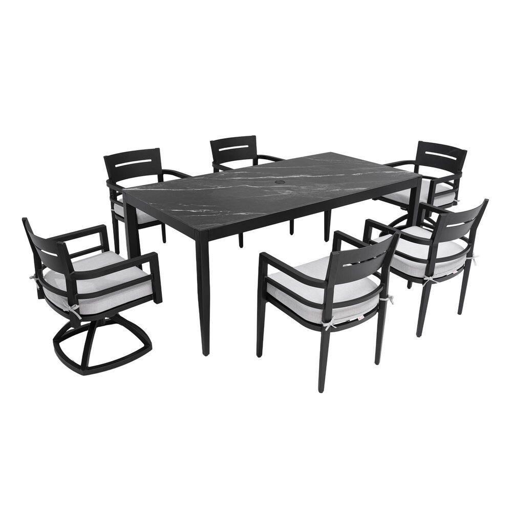 7-Piece Aluminum Outdoor Dining Set Rectangular Table with Black Marble-Look Sintered Stone Top and White Cushions price history on PriceWatchPro