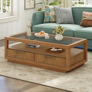 52 in. Brown Rectangle Transparent Tempered Glass Top Coffee Table with Open Shelf and 2-Drawers