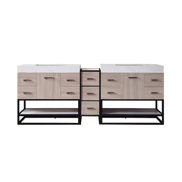 ROSWELL Toledo 84 in. W x 22 in. D x 34 in. H Bath Vanity in Light Walnut with White Composite Stone Top