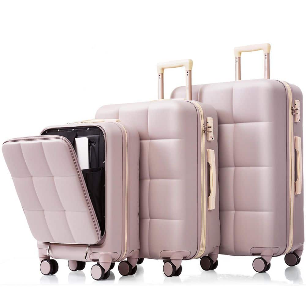 3-Piece Rosy Brown ABS Hardside Spinner Luggage Set with Cup Holder and 20-inch with USB Port
