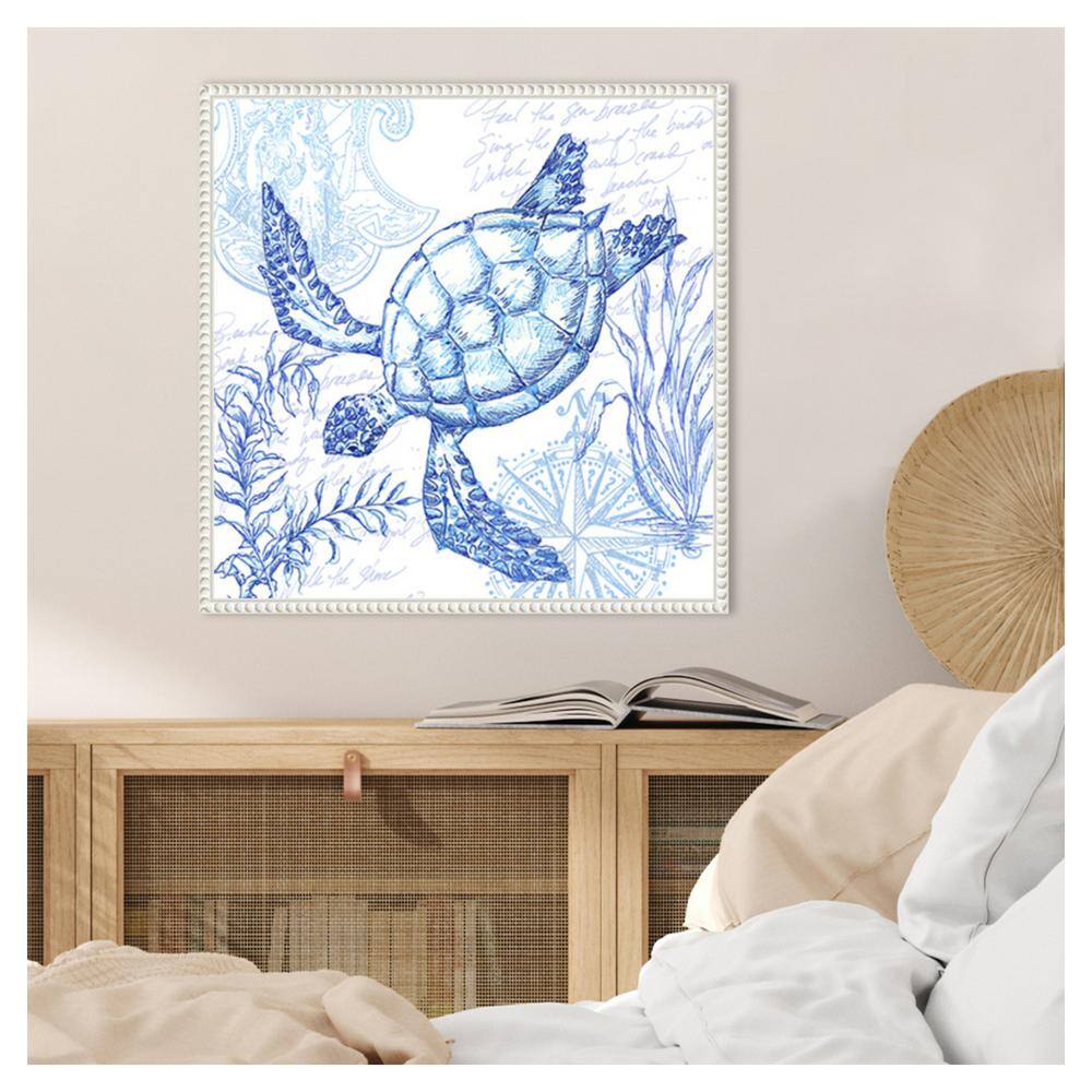 Coastal Sketchbook Turtle Blue Ink Canvas Wall Art with White Frame