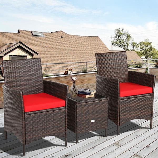 3 Pieces Patio Rattan Furniture Set with Cushion in Red and Wood Table Top