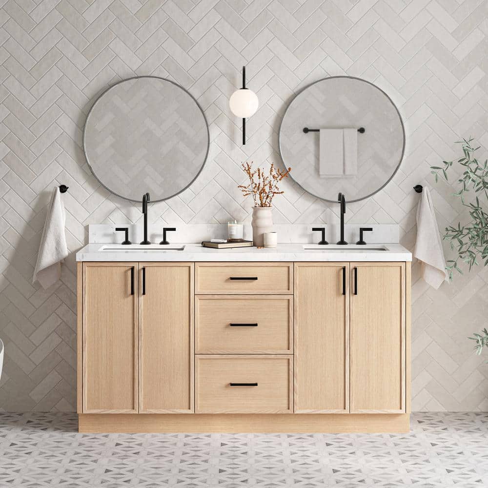 Kelly 66" Oak Double Sink Vanity with Carrara Quartz Top