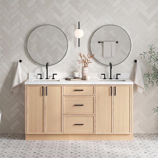 ARIEL Kelly 66 in. W x 22 in. D x 36 in. H Double Bath Vanity in Oak with Carrara White Quartz Top