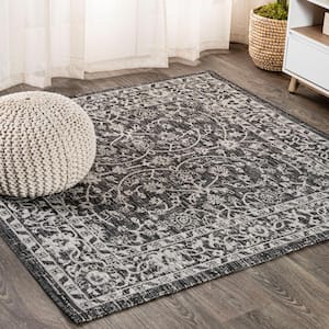 Palazzo Black/Gray 5 ft. Vine and Border Textured Weave Square Indoor/Outdoor Area Rug